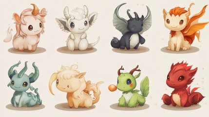 Obraz premium Cute Fantasy Creatures with Colorful Features and Happy Expressions