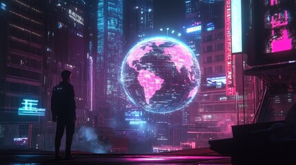 Fototapeta premium A world trade concept depicted with a glowing holographic globe in a dark cyberpunk-style setting, vivid neon highlights, sci-fi aesthetic