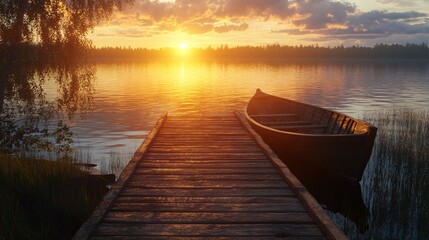 Naklejka premium A serene sunset over a calm lake, featuring a wooden dock and a boat resting peacefully at the shore.
