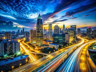 Obraz premium Stunning Long Exposure Photography: Blue Yellow Night Cityscape Lights Abstract Art