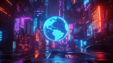 Fototapeta premium A world trade concept depicted with a glowing holographic globe in a dark cyberpunk-style setting, vivid neon highlights, sci-fi aesthetic