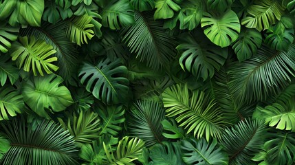 A lush arrangement of vibrant green tropical leaves, creating a serene and refreshing backdrop.