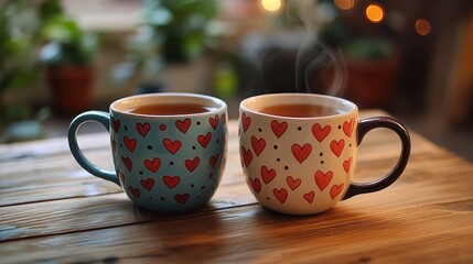 Obraz premium A table with two steaming mugs of tea decorated with heart designs.