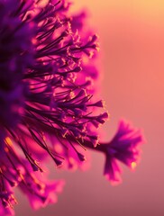 Fototapeta premium Crimson Sunset Bloom: Close-up of a vibrant purple flower at sunset, showcasing intricate details and warm, golden light. A captivating image for nature lovers. 