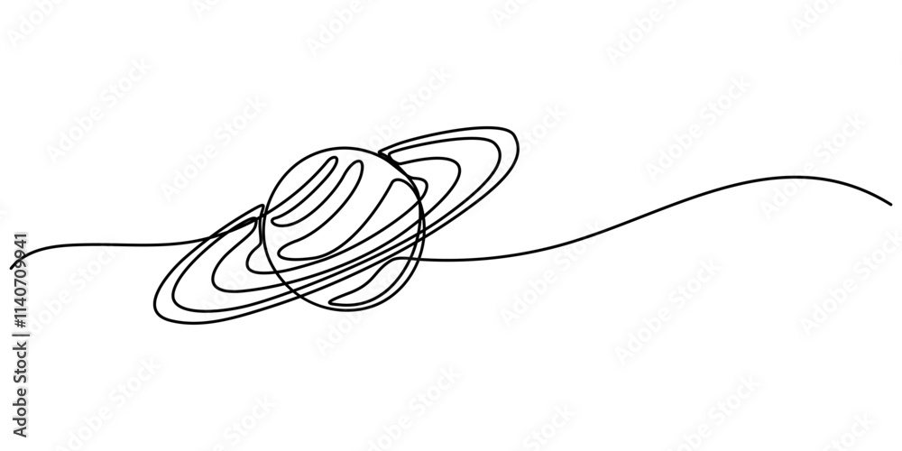 Poster Continuous one line drawing Saturn Planet. Vector illustration, vector illustration continuous line art drawing of ringed planet, Majestic saturn spins one. 