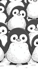 A group of cute, cartoon-style penguins gathered together.