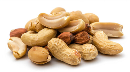 Fototapeta premium Description: A close-up view of peanuts in their shells and peeled peanuts, isolated on a clean white background. 