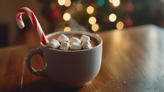 Close-up of a steaming cup of hot cocoa with marshmallows and a candy cane on a wooden table