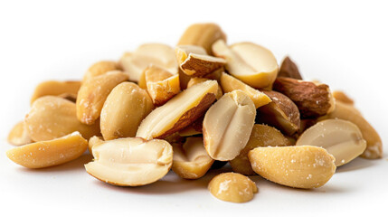 Description: A detailed close-up of peeled peanuts and nuts isolated on a clean white background, highlighting their texture and natural appearance.
