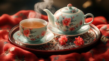 Fototapeta premium A tea set with steaming cups of jasmine tea, placed on a decorative red tablecloth.