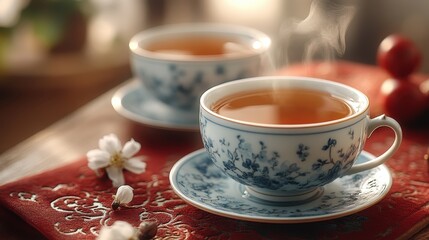 Fototapeta premium A tea set with steaming cups of jasmine tea, placed on a decorative red tablecloth.