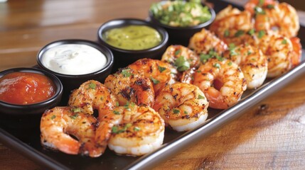 Grilled Shrimp Platter with Dipping Sauces and Fresh Herbs