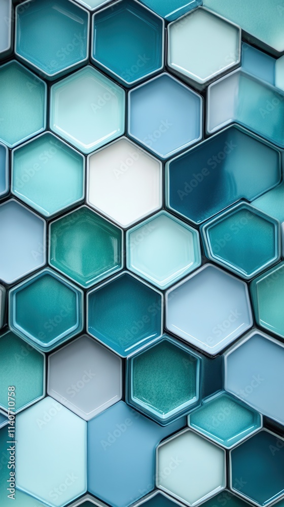 Poster interconnected hexagons form a vibrant mosaic of blues and greens, showcasing modern design principl