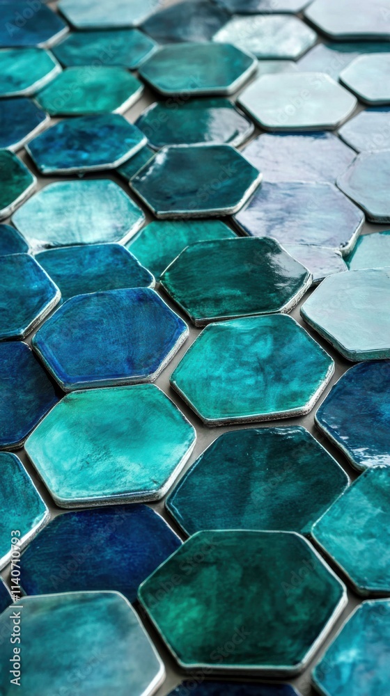 Poster colorful interconnected hexagons create a striking geometric pattern in deep blue and green tones