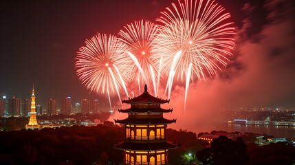 Fototapeta premium Spectacular fireworks illuminate a serene pagoda, reflected in the calm waters under a starlit sky. A breathtaking nocturnal scene.