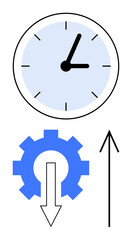 Clock with black hour and minute hands, blue gear with white arrow, and black upward arrow. Ideal for time management, productivity, workflow, process optimization, progress tracking, efficiency