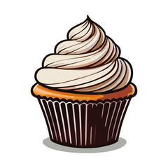Vector Illustration of a Cupcake with Vanilla Frosting in a Dark Brown Wrapper – Sweet Dessert Clipart