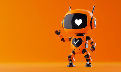 A 3D orange robot in studio with heart icon on lcd screen face