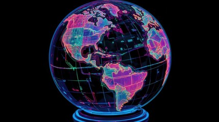 Obraz premium A world map overlaying a translucent digital globe, with trading routes illuminated in glowing lines, abstract tech design, neon palette
