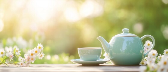 A serene outdoor scene featuring a ceramic teapot and a cup of tea on a garden table with blooming flowers and soft sunlight, copy space.