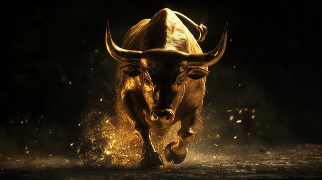 Powerful golden bull charging forward, concept the stock market's financial upward trend.