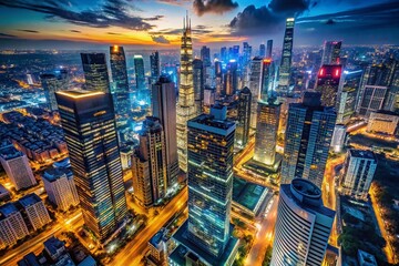 Fototapeta premium Stunning Night City Drone Photography: Aerial View of Urban Skyline at Dusk