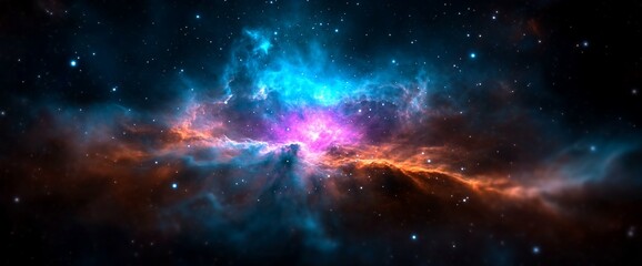 Naklejka premium Vibrant nebula with blue, orange, and pink hues in deep space.