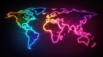 A world map overlaying a translucent digital globe, with trading routes illuminated in glowing lines, abstract tech design, neon palette