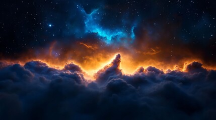 Naklejka premium Vibrant nebula above fiery cloudscape at night.