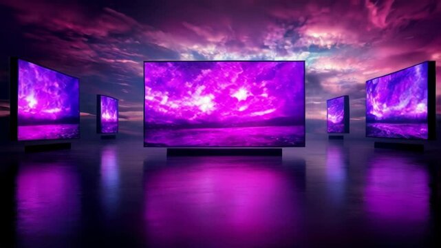 video of Futuristic digital art gallery display screens reflecting vivid purple and blue visuals in a surreal environment