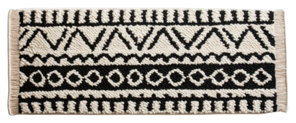 PNG A textured rug featuring bold black and white geometric patterns, adding a striking design element to any space.