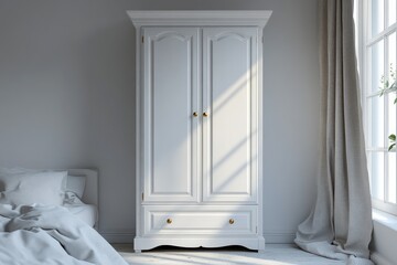 Fototapeta premium White wooden armoire with single drawer in bedroom.