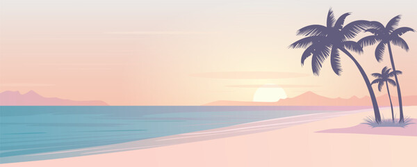 Morning beach landscape of the coast of paradise nature. Landscape of a sandy beach with palm trees at sunset. Beach holiday vector illustration for design and print.