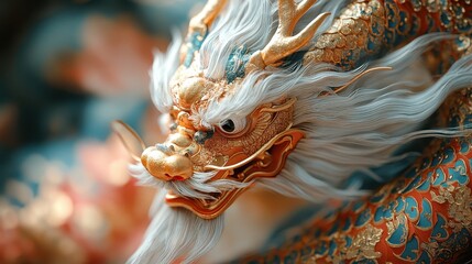 Obraz premium A traditional Chinese scroll decorated with golden dragons and red patterns.