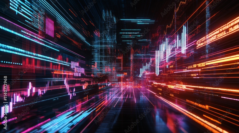 Fototapete abstract digital technology background with data visualization lights