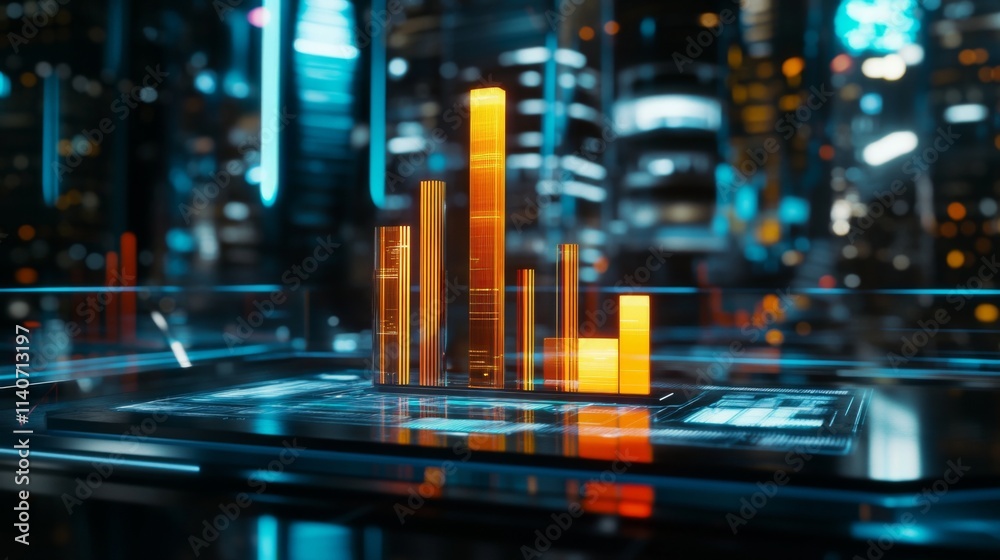 Poster Futuristic Data Visualization with Glowing Bar Graphs and Cityscape