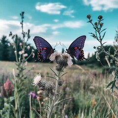 Fototapeta premium Two purple butterflies sitting on a thistle, blurred nature background.