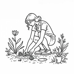 Hand-Drawn Illustration of Young Girl Gardening in Spring Garden
