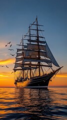 Majestic three-masted ship sailing at sunset with birds flying in the backdrop over calm waters