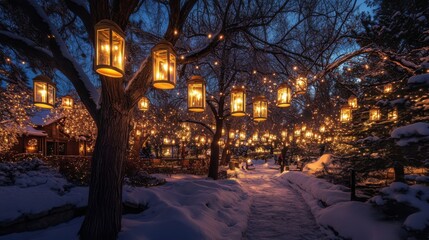 Fototapeta premium Enchanting Winter Pathway Illuminated by Lanterns and Lights