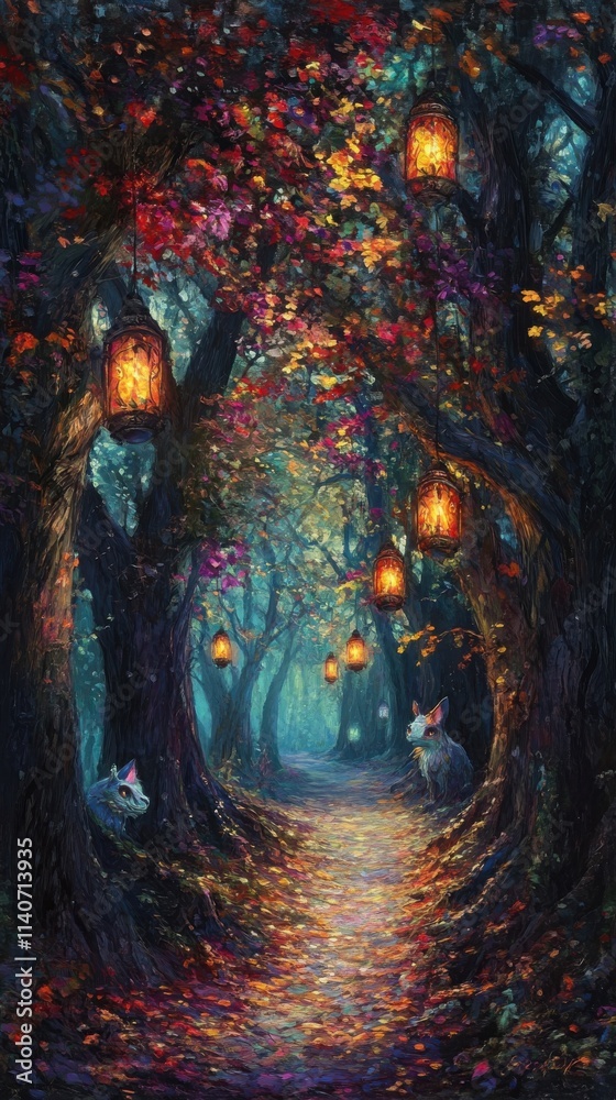 Poster mystical woodland path illuminated by lanterns and adorned with autumn leaves