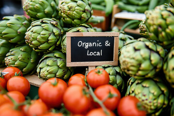 Fototapeta premium A vibrant market scene showcasing organic artichokes, fresh tomatoes, and a chalkboard sign reading 