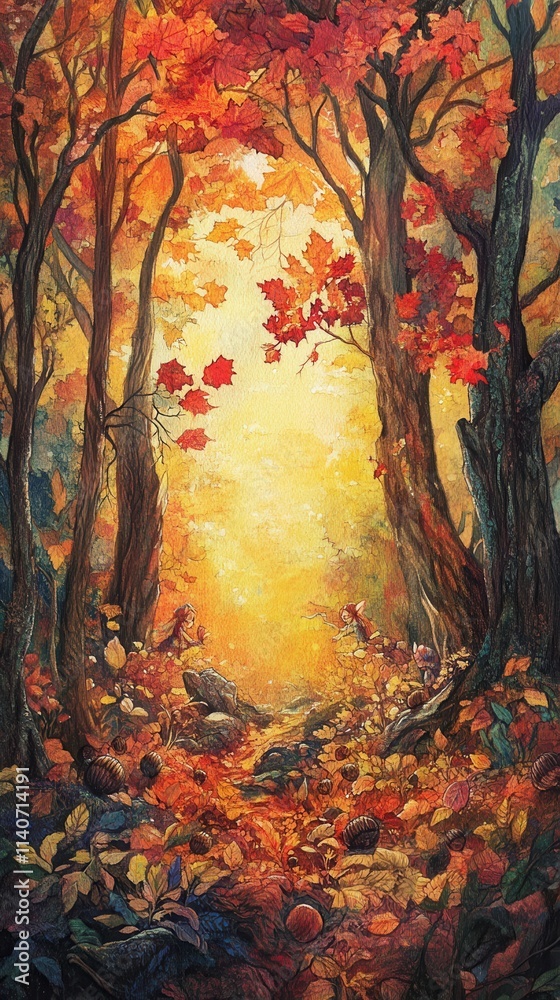 Aufkleber mystical autumn forest with golden light filtering through colorful foliage and fallen leaves on a s