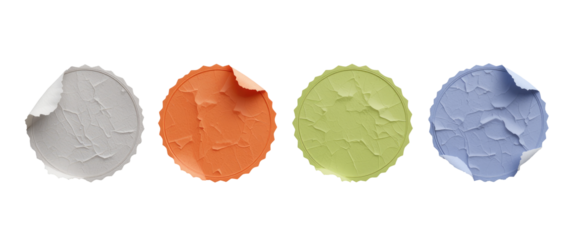 Set of various round crumpled paper stickers label mock up in different colours, isolated on transparent background. Generative AI
