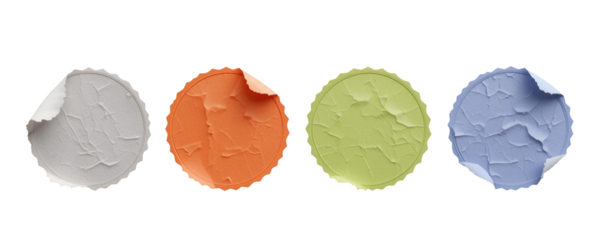Set of various round crumpled paper stickers label mock up in different colours, isolated on transparent background. Generative AI