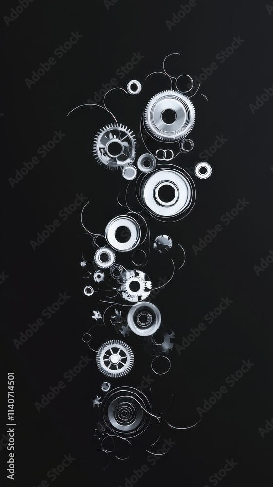 Fototapete Stylized digital design featuring abstract gears and circular patterns on a dark background