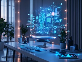 futuristic and technologically advanced setting, with a holographic display of a brain and various data elements floating above a desk.  a high-tech and immersive atmosphere.