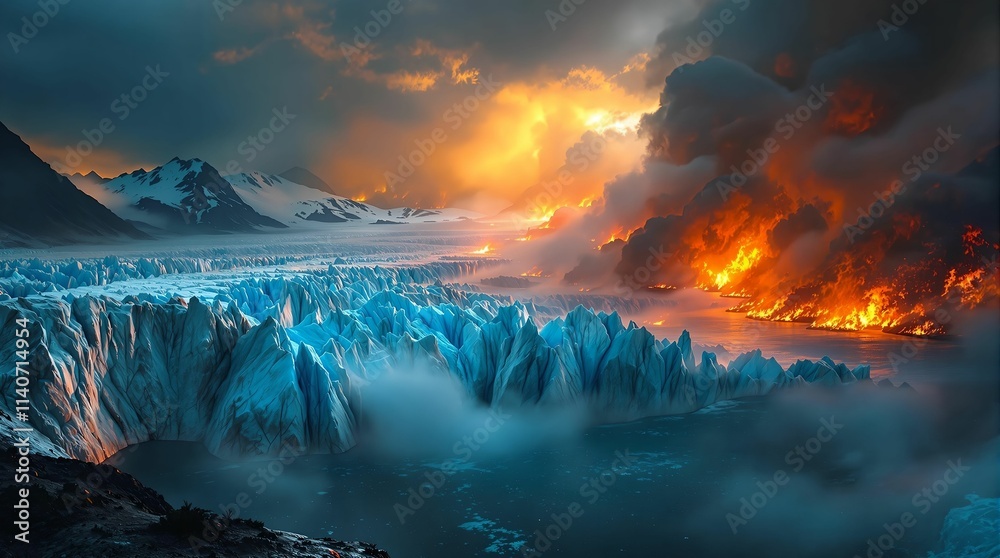 Aufkleber a breathtaking panoramic view of a glacier at sunset with dramatic clouds and mountains in the backg