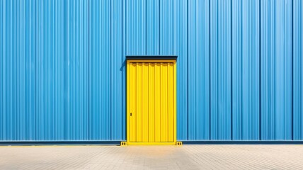 A vibrant yellow door stands against a textured blue wall, creating a striking contrast in colors and design.