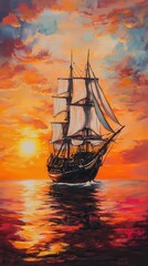 Fototapeta premium Majestic sailing ship gliding through vibrant sunset waters with colorful clouds reflecting on calm ocean surface